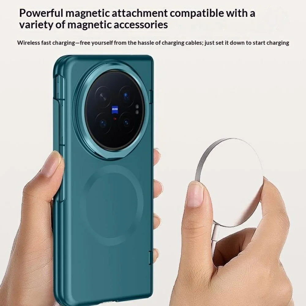 For vivo X Fold6 5G Magnetic Case Hard PC Phone Cover with HD Tempered Glass Film, Lens Kickstand - Black - 3