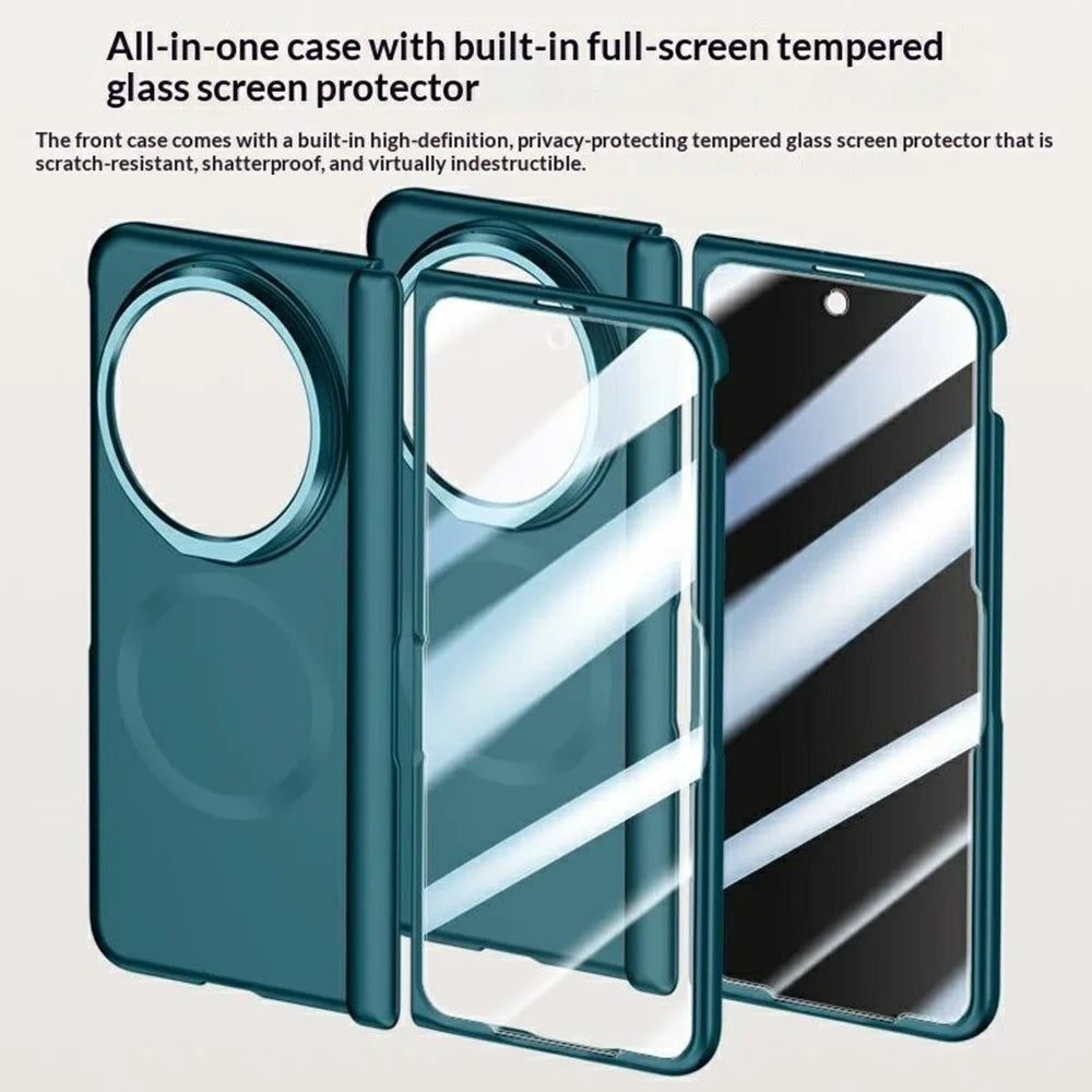 For vivo X Fold6 5G Magnetic Case Hard PC Phone Cover with HD Tempered Glass Film, Lens Kickstand - Black - 5