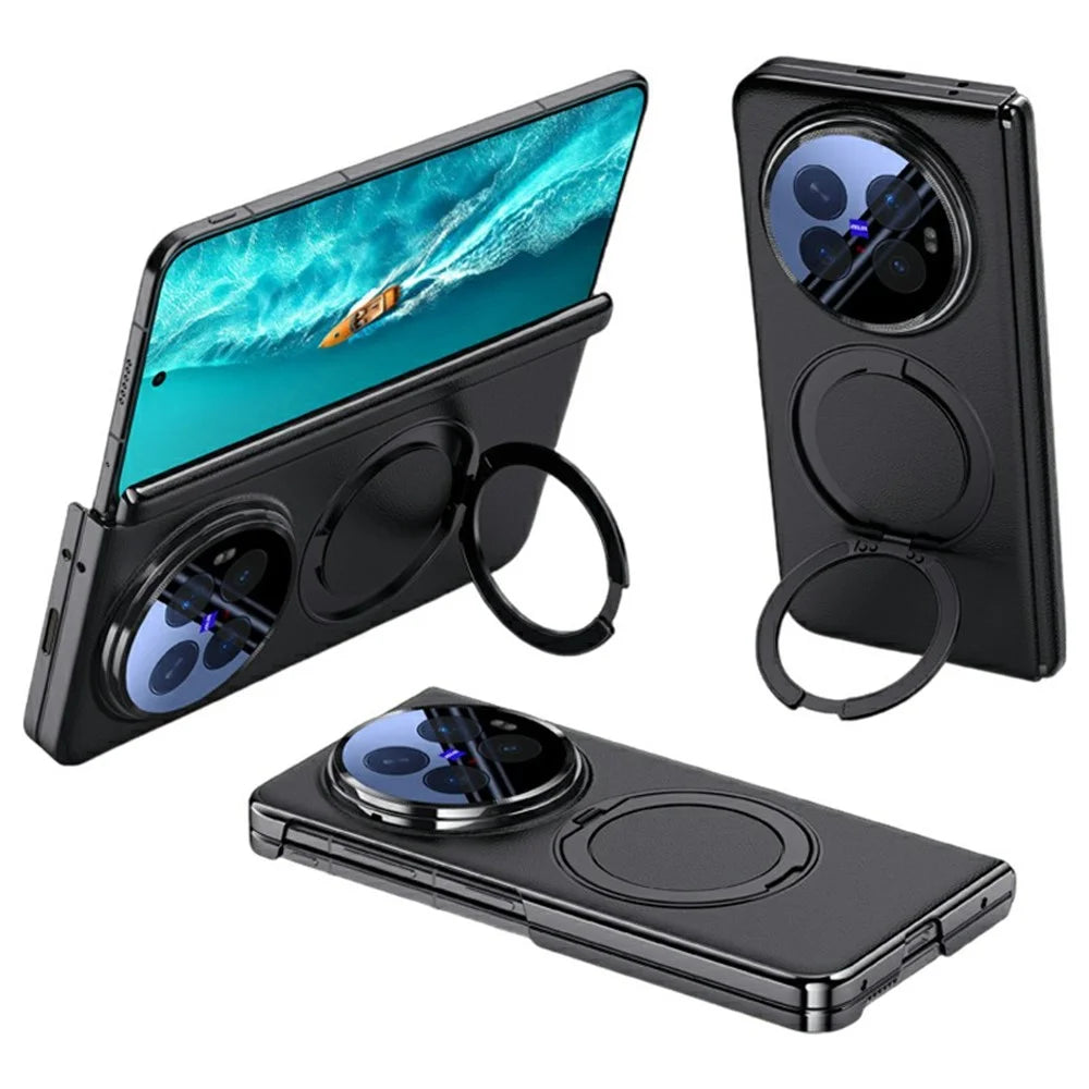 For vivo X Fold6 5G Magnetic Case with Tempered Glass Lens Protector 360° Rotating Ring Kickstand Protective Cover - Black - 1