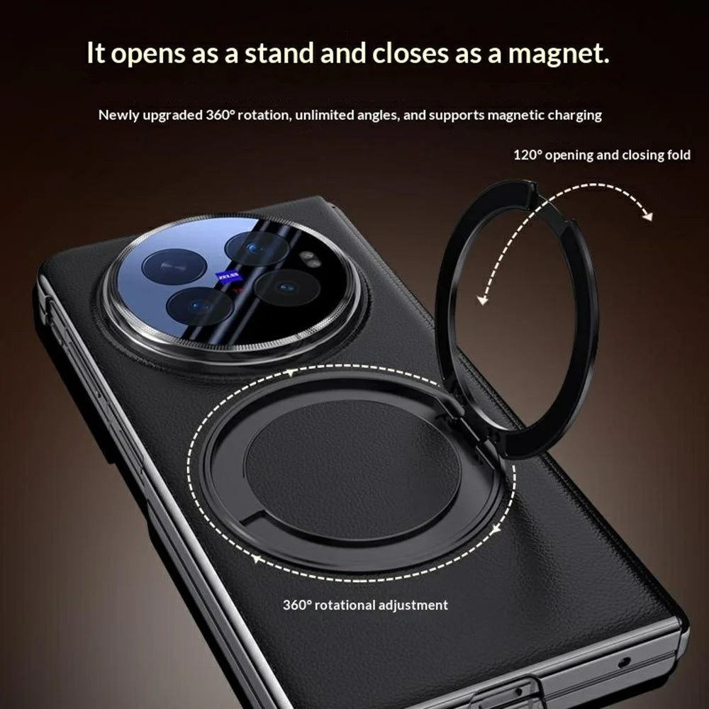 For vivo X Fold6 5G Magnetic Case with Tempered Glass Lens Protector 360° Rotating Ring Kickstand Protective Cover - Black - 5