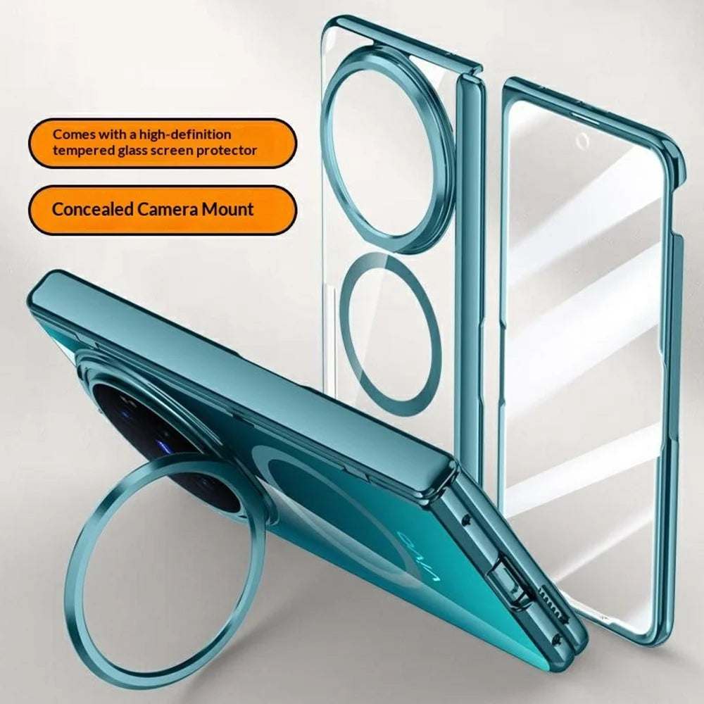 For vivo X Fold6 5G Magnetic Case PC + Acrylic Phone Cover with HD Tempered Glass Film, Lens Kickstand - Green - 2