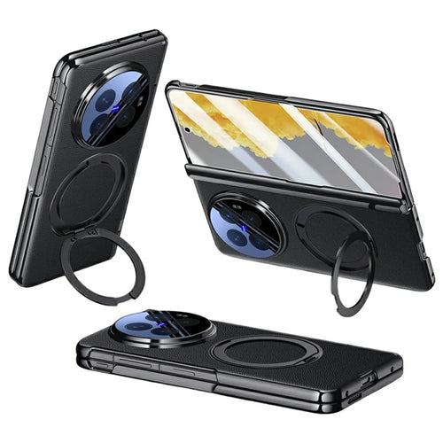 For vivo X Fold6 5G Magnetic Case with Tempered Glass Film Rotatable Metal Ring Kickstand PU Leather + PC + Acrylic Cover - Black - 1