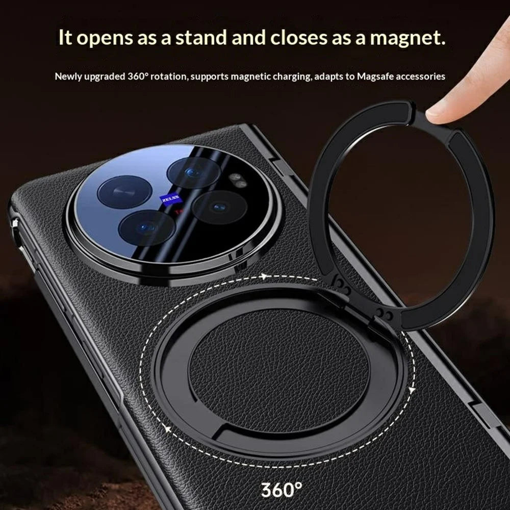For vivo X Fold6 5G Magnetic Case with Tempered Glass Film Rotatable Metal Ring Kickstand PU Leather + PC + Acrylic Cover - Black - 2