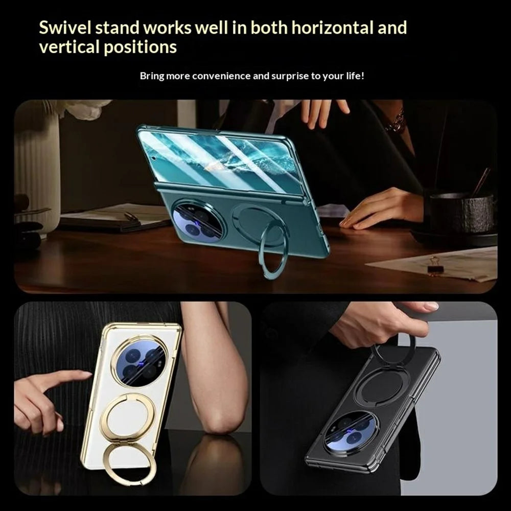 For vivo X Fold6 5G Magnetic Case with Tempered Glass Film Rotatable Metal Ring Kickstand PU Leather + PC + Acrylic Cover - Black - 3