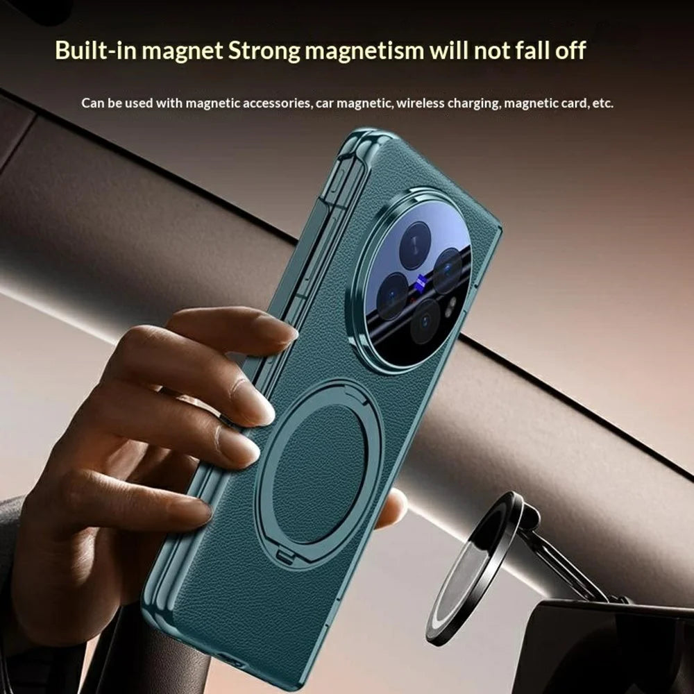 For vivo X Fold6 5G Magnetic Case with Tempered Glass Film Rotatable Metal Ring Kickstand PU Leather + PC + Acrylic Cover - Black - 4