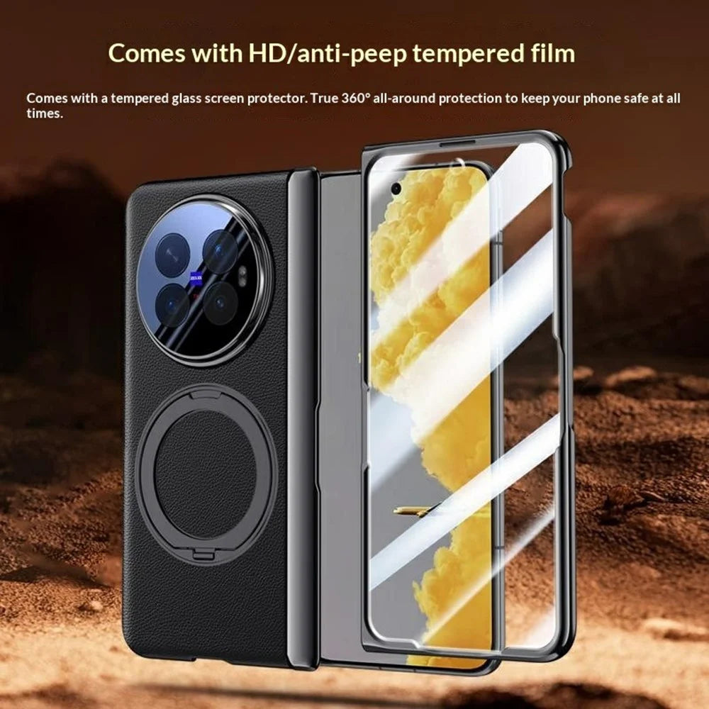 For vivo X Fold6 5G Magnetic Case with Tempered Glass Film Rotatable Metal Ring Kickstand PU Leather + PC + Acrylic Cover - Black - 5