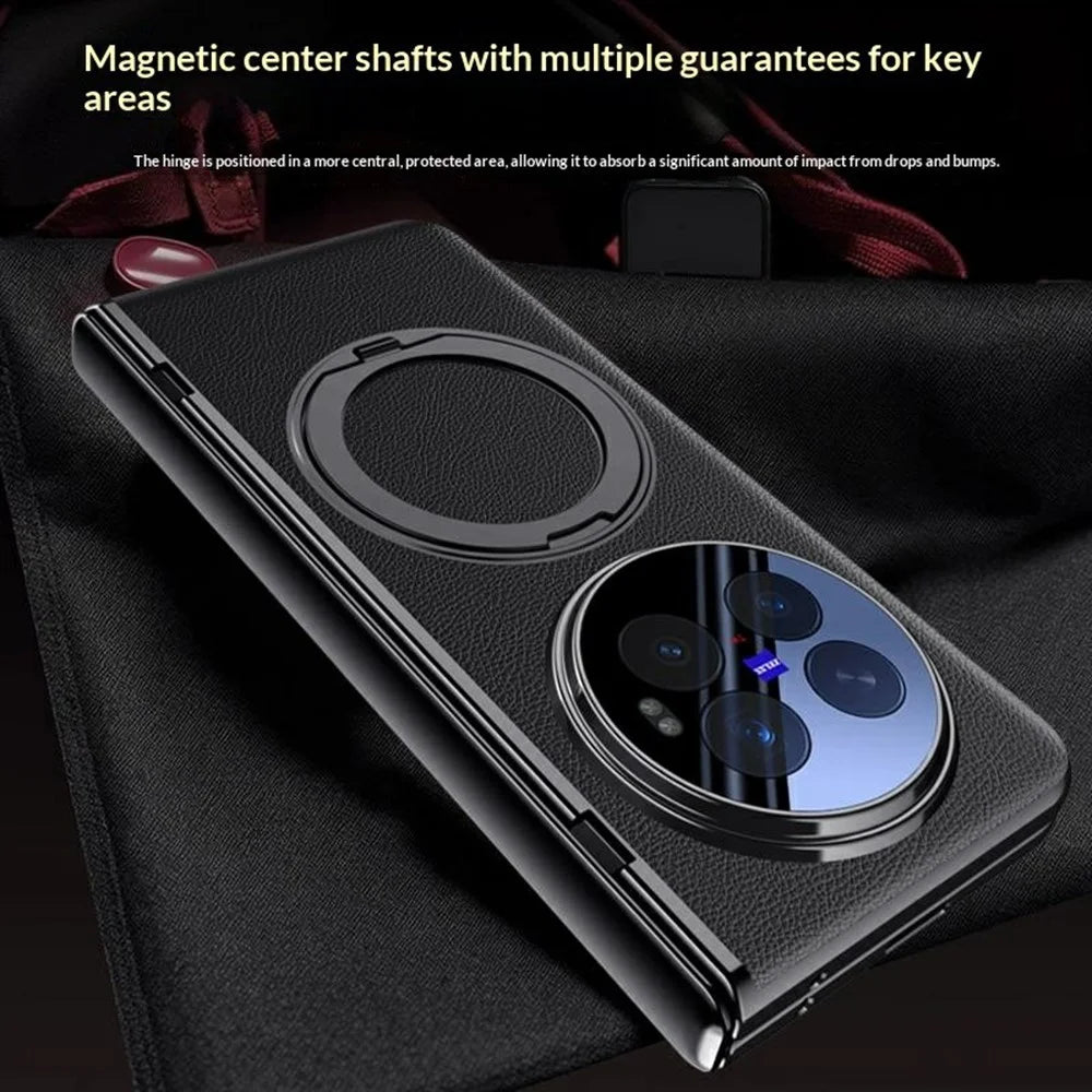 For vivo X Fold6 5G Magnetic Case with Tempered Glass Film Rotatable Metal Ring Kickstand PU Leather + PC + Acrylic Cover - Black - 6