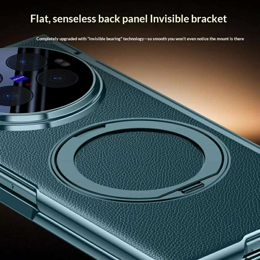 For vivo X Fold6 5G Magnetic Case with Tempered Glass Film Rotatable Metal Ring Kickstand PU Leather + PC + Acrylic Cover - Black - 7
