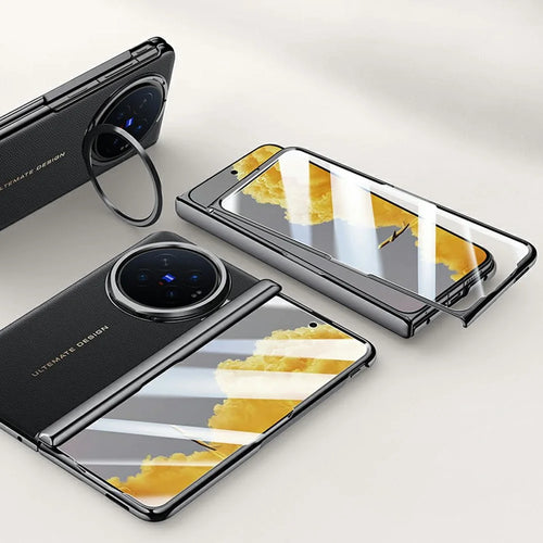 For vivo X Fold6 5G Case with Tempered Glass Screen Protector Lens Kickstand Electroplated Phone Cover - Black - 1