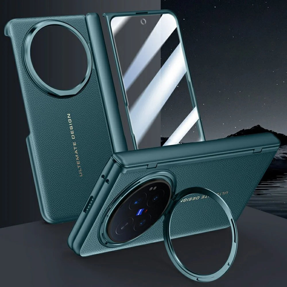 For vivo X Fold6 5G Case Leather + PC Phone Cover with HD Tempered Glass Film, Lens Kickstand - Green - 1