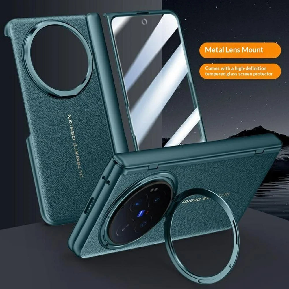 For vivo X Fold6 5G Case Leather + PC Phone Cover with HD Tempered Glass Film, Lens Kickstand - Green - 2