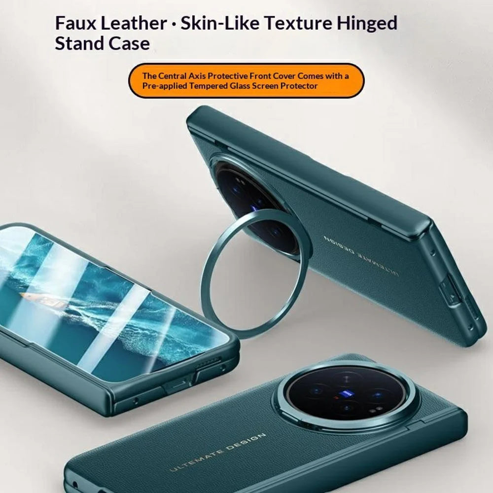 For vivo X Fold6 5G Case Leather + PC Phone Cover with HD Tempered Glass Film, Lens Kickstand - Green - 3