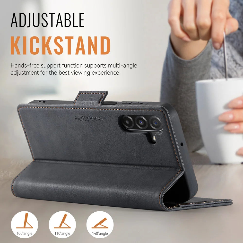 AUTSPACE for Samsung Galaxy A18 5G / A18 4G / A17 5G / A17 4G / A26 5G A11 Case RFID Blocking Retro Leather Cell Phone Wallet Cover - Black - 2