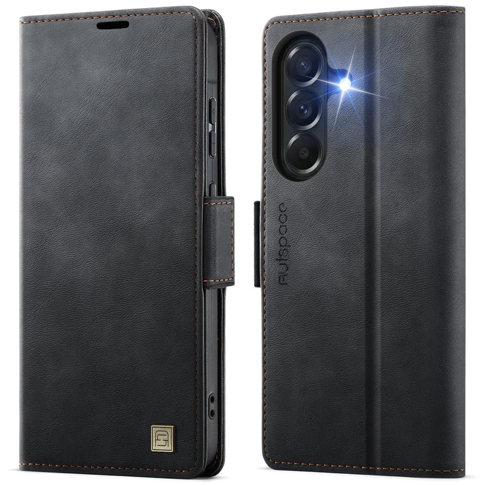 AUTSPACE for Samsung Galaxy A57 5G A11 Case RFID Blocking Retro Leather Cell Phone Wallet Cover - Black - 1