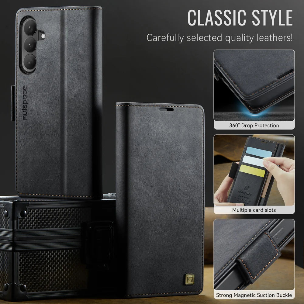 AUTSPACE for Samsung Galaxy A57 5G A11 Case RFID Blocking Retro Leather Cell Phone Wallet Cover - Black - 3