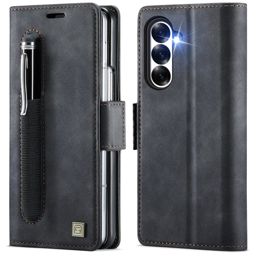 AUTSPACE for Samsung Galaxy Z Fold7 5G A11 Case RFID Blocking Retro Leather Cell Phone Wallet Cover - Black - 1