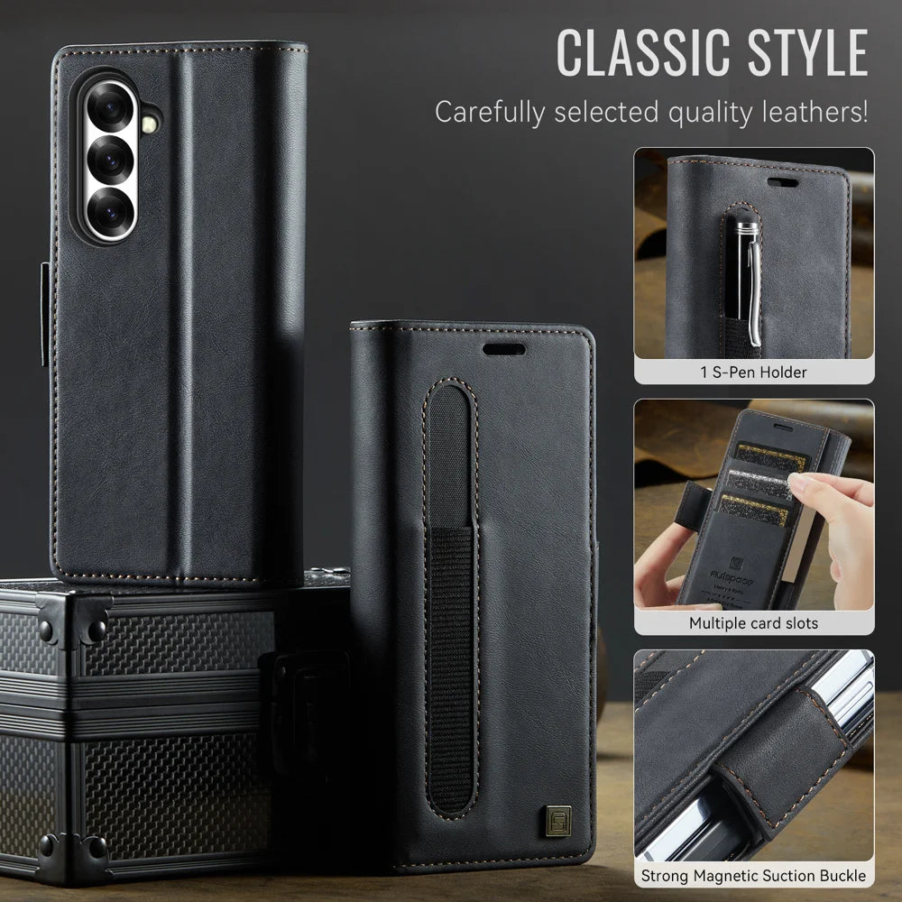 AUTSPACE for Samsung Galaxy Z Fold7 5G A11 Case RFID Blocking Retro Leather Cell Phone Wallet Cover - Black - 3