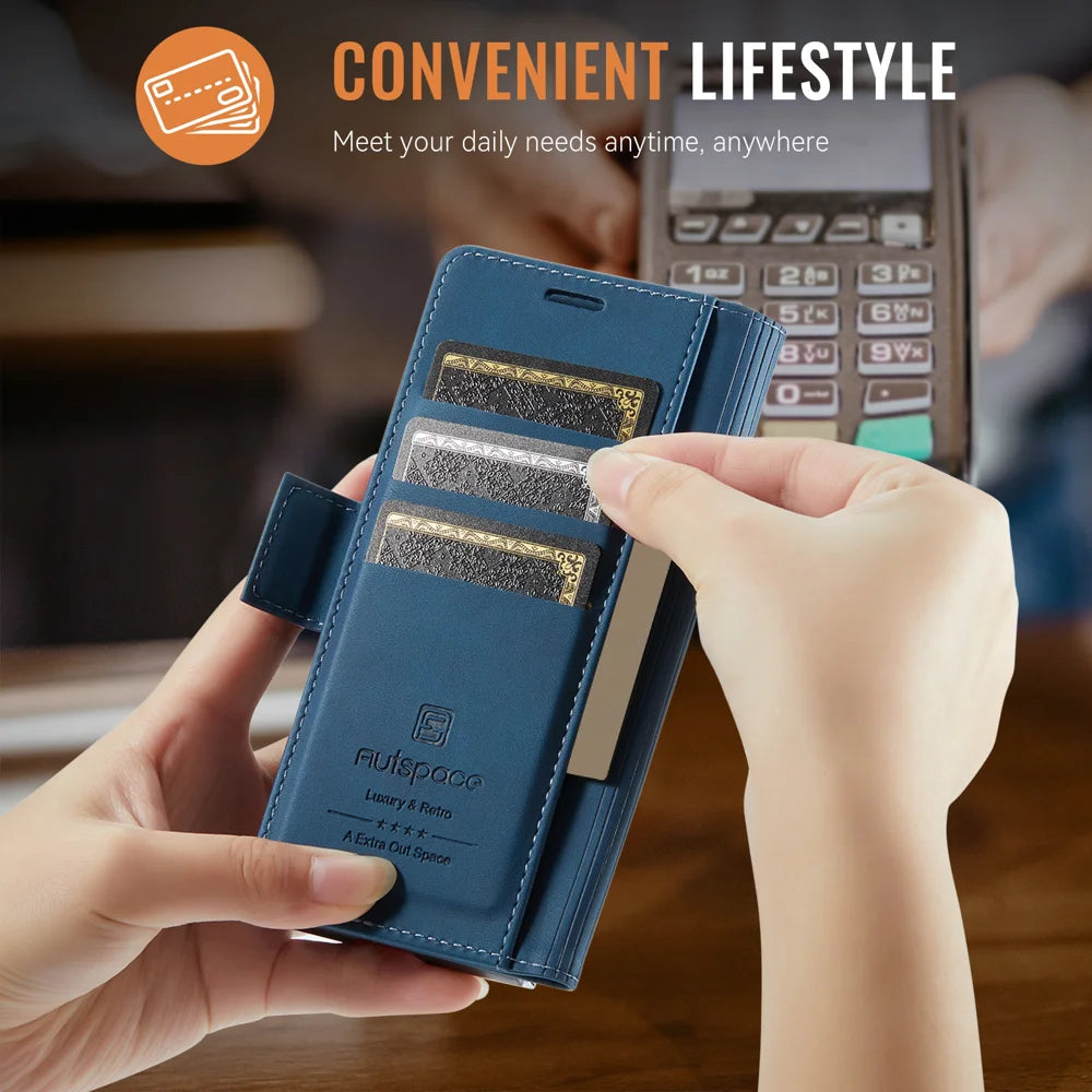 AUTSPACE for Samsung Galaxy Z Fold7 5G A11 Case RFID Blocking Retro Leather Cell Phone Wallet Cover - Black - 7