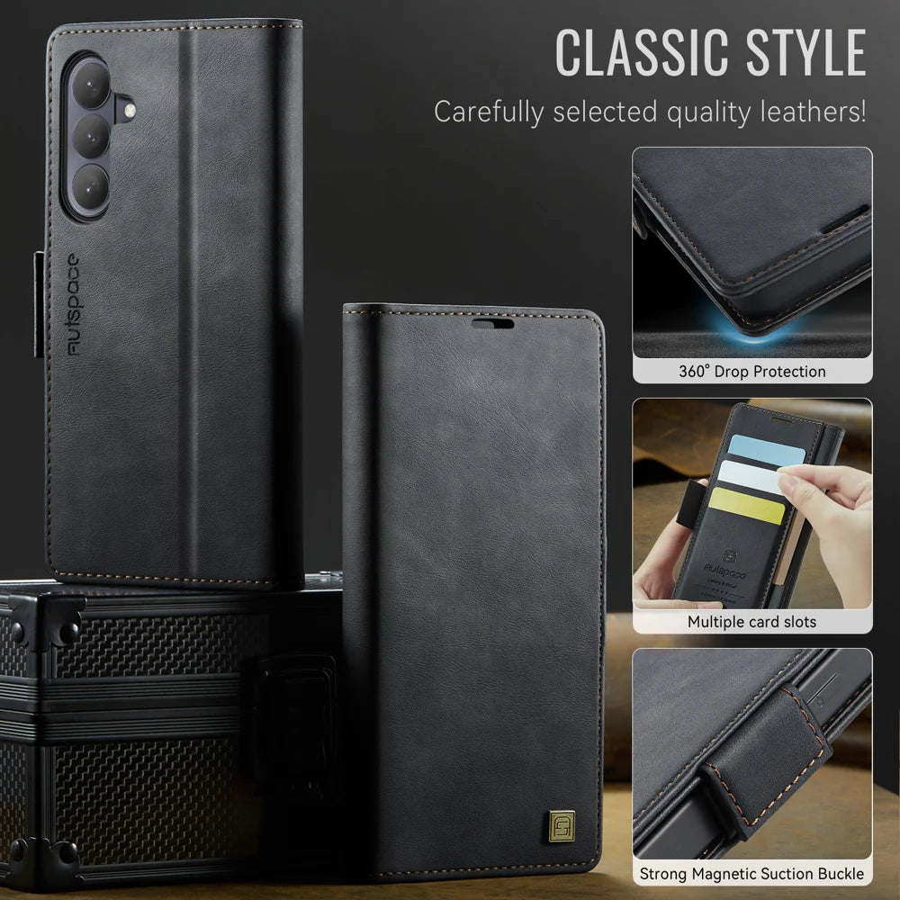 AUTSPACE for Samsung Galaxy S26+ A11 Case RFID Blocking Retro Leather Cell Phone Wallet Cover - Black - 3