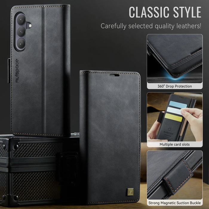 AUTSPACE for Samsung Galaxy S26 A11 Case RFID Blocking Retro Leather Cell Phone Wallet Cover - Black - 3