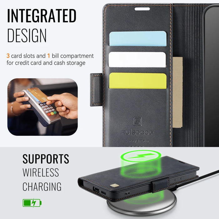 AUTSPACE for Samsung Galaxy S26 A11 Case RFID Blocking Retro Leather Cell Phone Wallet Cover - Black - 5