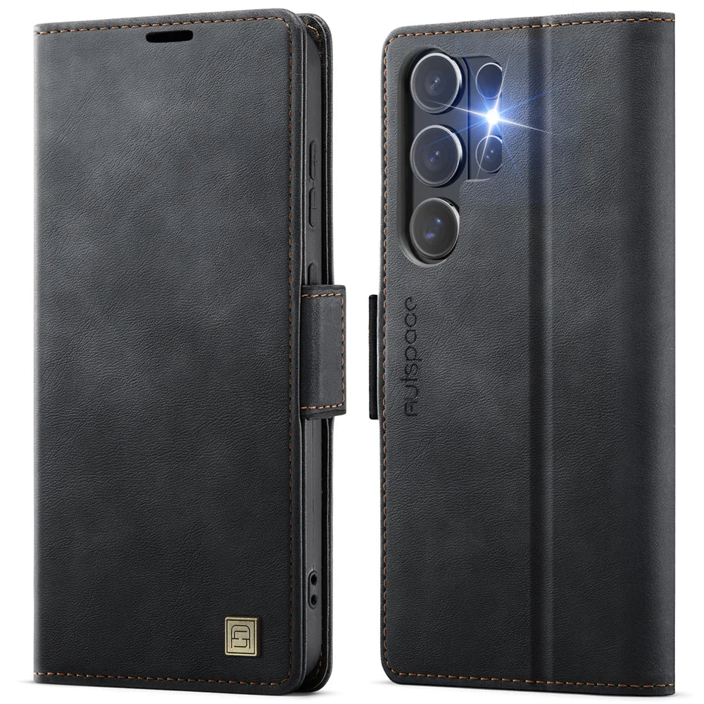 AUTSPACE for Samsung Galaxy S26 Ultra A11 Case RFID Blocking Retro Leather Cell Phone Wallet Cover - Black - 1