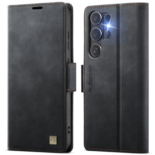 AUTSPACE for Samsung Galaxy S26 Ultra A11 Case RFID Blocking Retro Leather Cell Phone Wallet Cover - Black - 1