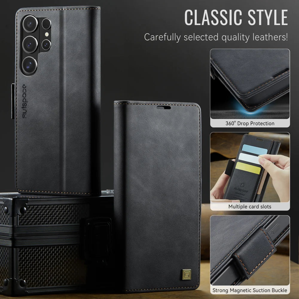 AUTSPACE for Samsung Galaxy S26 Ultra A11 Case RFID Blocking Retro Leather Cell Phone Wallet Cover - Black - 3