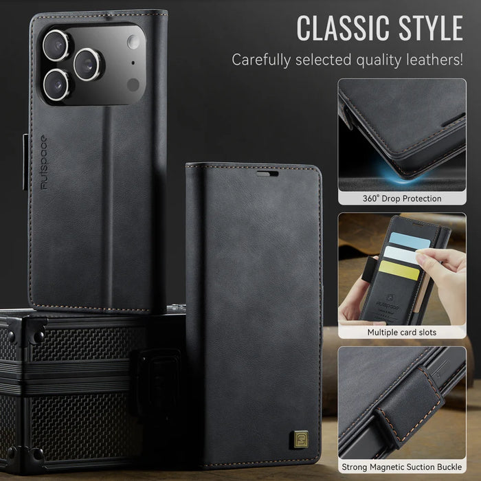 AUTSPACE for iPhone 17 Pro A11 Case RFID Blocking Retro Leather Cell Phone Wallet Cover - Black - 3