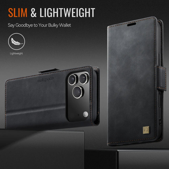 AUTSPACE for iPhone 17 Pro A11 Case RFID Blocking Retro Leather Cell Phone Wallet Cover - Black - 4