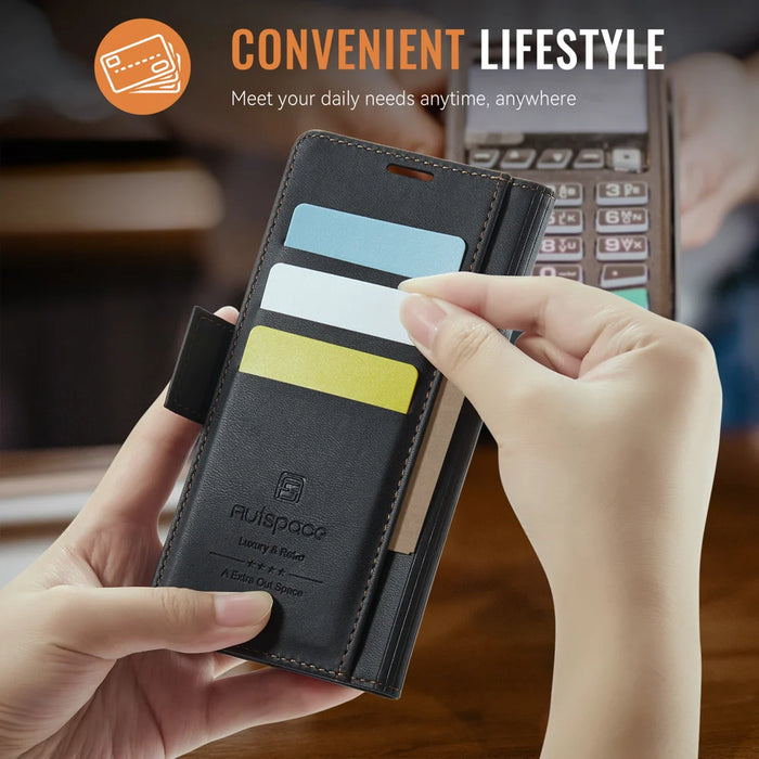 AUTSPACE for iPhone 17 Pro A11 Case RFID Blocking Retro Leather Cell Phone Wallet Cover - Black - 7