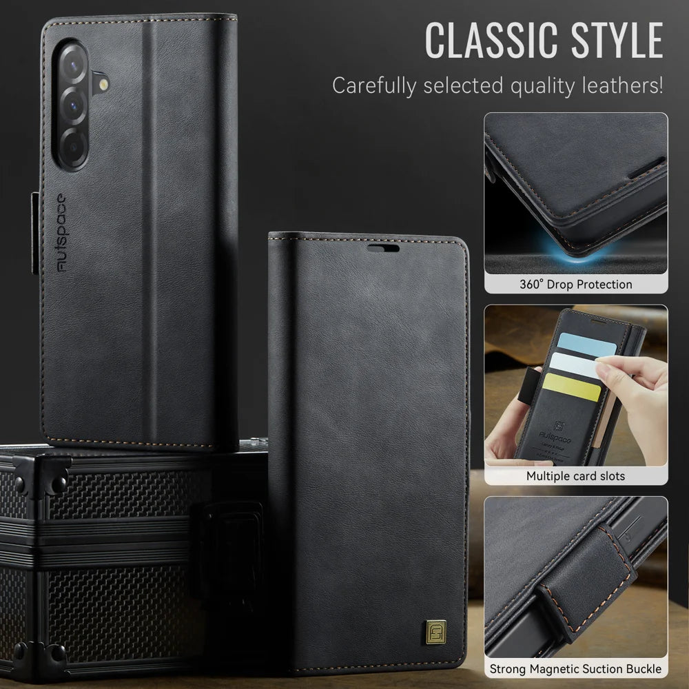 AUTSPACE for Samsung Galaxy A37 5G A11 Case RFID Blocking Retro Leather Cell Phone Wallet Cover - Black - 3