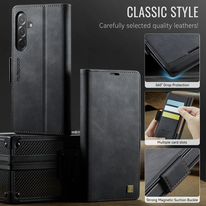 AUTSPACE for Samsung Galaxy A37 5G A11 Case RFID Blocking Retro Leather Cell Phone Wallet Cover - Black - 3