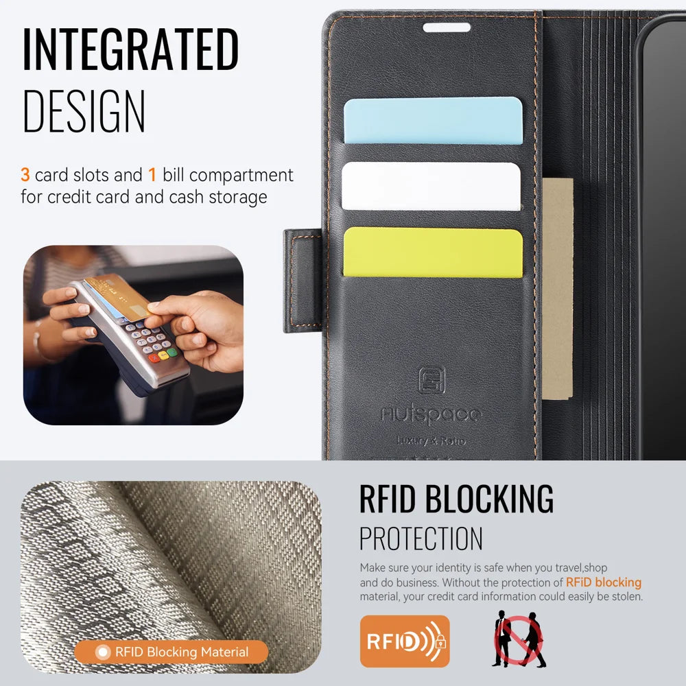 AUTSPACE for Samsung Galaxy A37 5G A11 Case RFID Blocking Retro Leather Cell Phone Wallet Cover - Black - 5