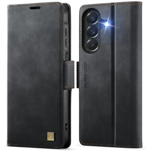 AUTSPACE for Samsung Galaxy A27 5G A11 Case RFID Blocking Retro Leather Cell Phone Wallet Cover - Black - 1