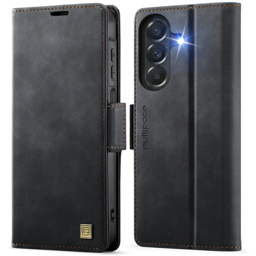 AUTSPACE for Samsung Galaxy A27 5G A11 Case RFID Blocking Retro Leather Cell Phone Wallet Cover - Black - 1