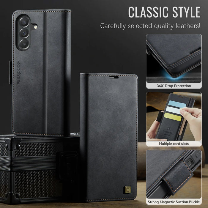 AUTSPACE for Samsung Galaxy A27 5G A11 Case RFID Blocking Retro Leather Cell Phone Wallet Cover - Black - 3