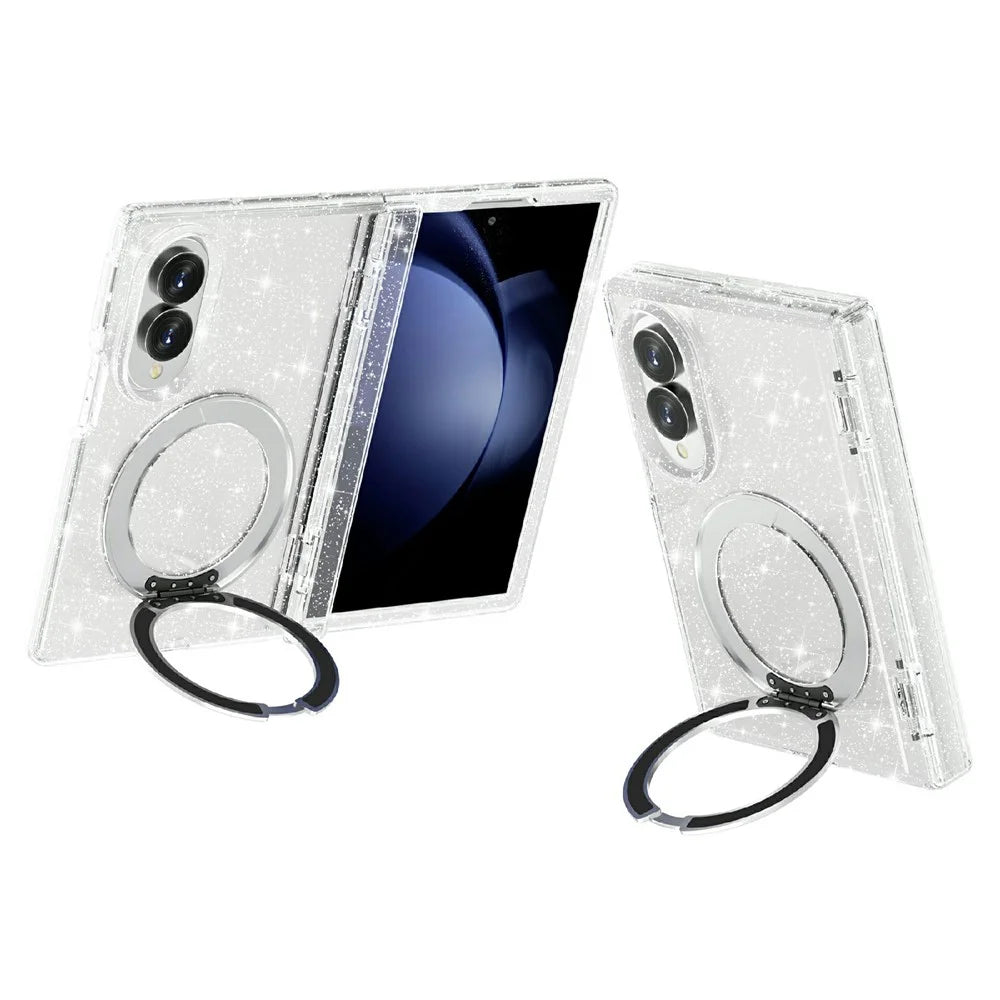 For Samsung Galaxy Z Fold8 Case Magnetic Kickstand Glitter Powder PC + TPU Phone Cover - White - 1