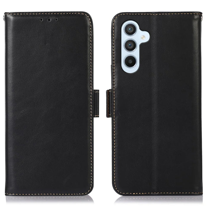 For Samsung Galaxy A34 5G Full Coverage Crazy Horse Texture RFID Blocking Phone Case Genuine Cowhide Leather Stand Magnetic Cell Phone Flip Wallet Cover - Black - 1
