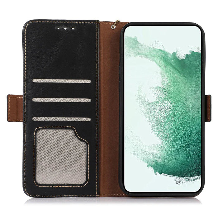 For Samsung Galaxy A34 5G Full Coverage Crazy Horse Texture RFID Blocking Phone Case Genuine Cowhide Leather Stand Magnetic Cell Phone Flip Wallet Cover - Black - 4