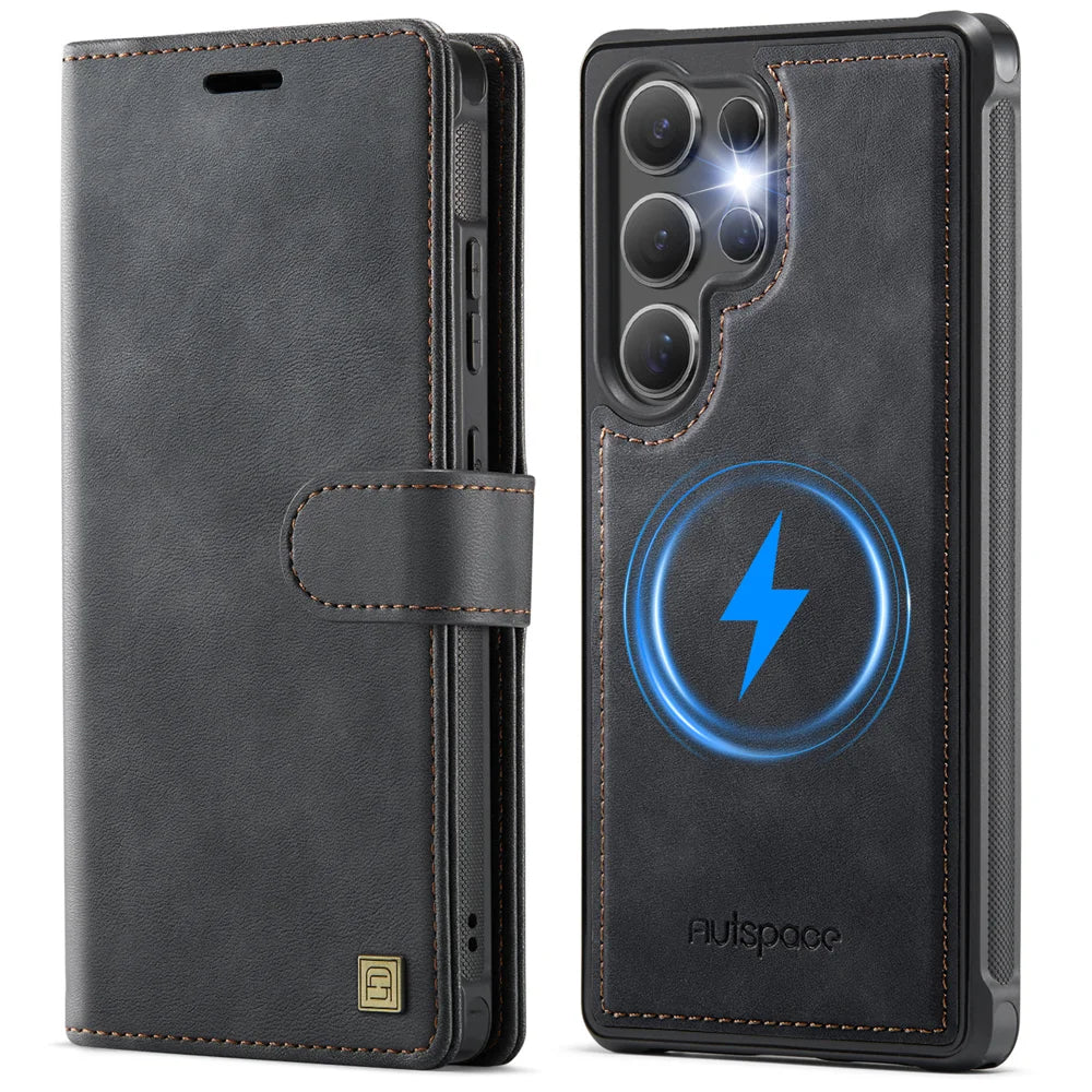 AUTSPACE for Samsung Galaxy S26 Ultra A05 Case Wallet Stand Detachable Leather Magnetic Phone Cover - Black - 1