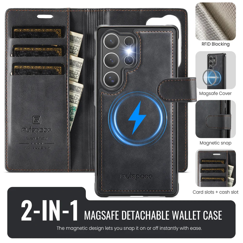 AUTSPACE for Samsung Galaxy S26 Ultra A05 Case Wallet Stand Detachable Leather Magnetic Phone Cover - Black - 2