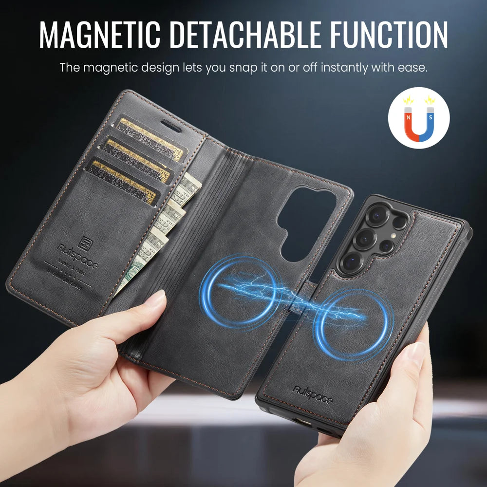 AUTSPACE for Samsung Galaxy S26 Ultra A05 Case Wallet Stand Detachable Leather Magnetic Phone Cover - Black - 3