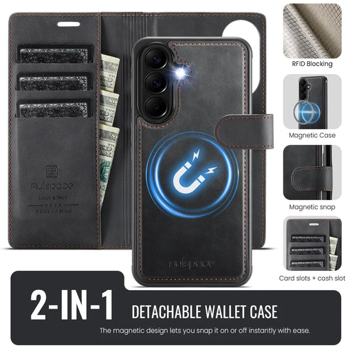 AUTSPACE for Samsung Galaxy A36 5G A05 Case Wallet Stand Detachable Leather Magnetic Phone Cover - Black - 2