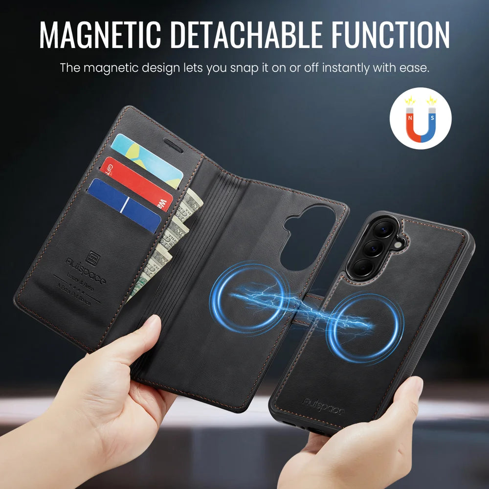 AUTSPACE for Samsung Galaxy A27 5G A05 Case Wallet Stand Detachable Leather Magnetic Phone Cover - Black - 3