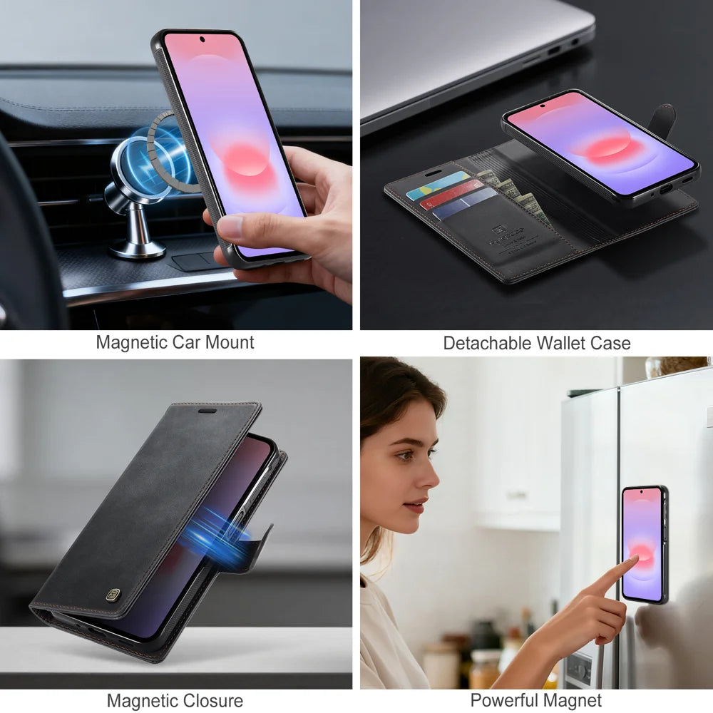 AUTSPACE for Samsung Galaxy A27 5G A05 Case Wallet Stand Detachable Leather Magnetic Phone Cover - Black - 7