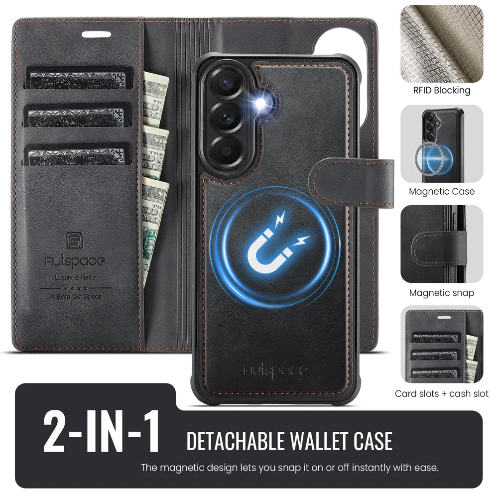 AUTSPACE for Samsung Galaxy A57 5G A05 Case Wallet Stand Detachable Leather Magnetic Phone Cover - Black - 2
