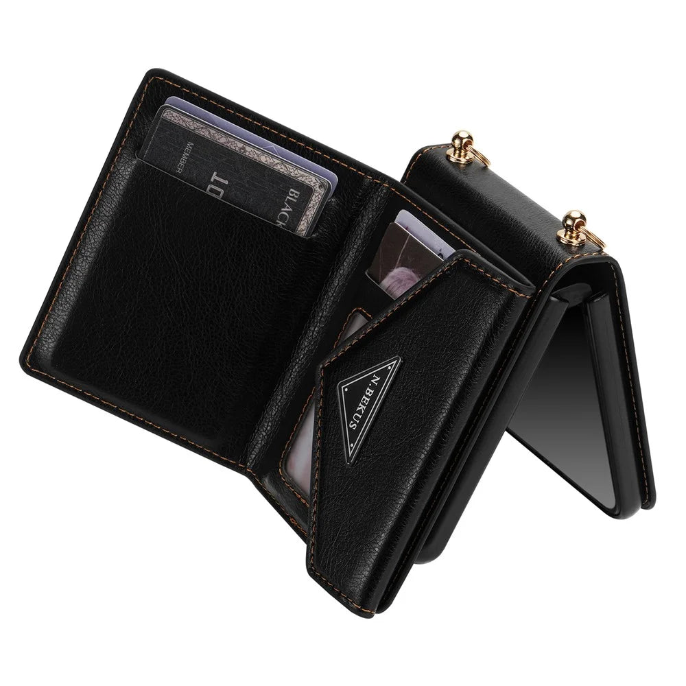 N.BEKUS PU Leather Coated PC Case for Samsung Galaxy Z Flip4 5G, Card Slots Holder Zipper Pocket Protective Back Cover with Shoulder Strap - Black - 3