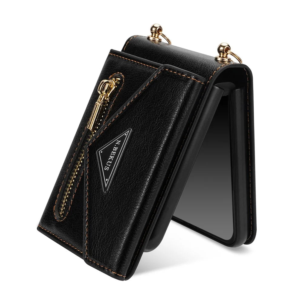 N.BEKUS PU Leather Coated PC Case for Samsung Galaxy Z Flip4 5G, Card Slots Holder Zipper Pocket Protective Back Cover with Shoulder Strap - Black - 7