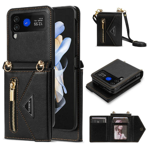 N.BEKUS PU Leather Coated PC Case for Samsung Galaxy Z Flip3 5G, Drop Proof Card Slots Holder Zipper Pocket Protective Back Cover with Shoulder Strap - Black - 1